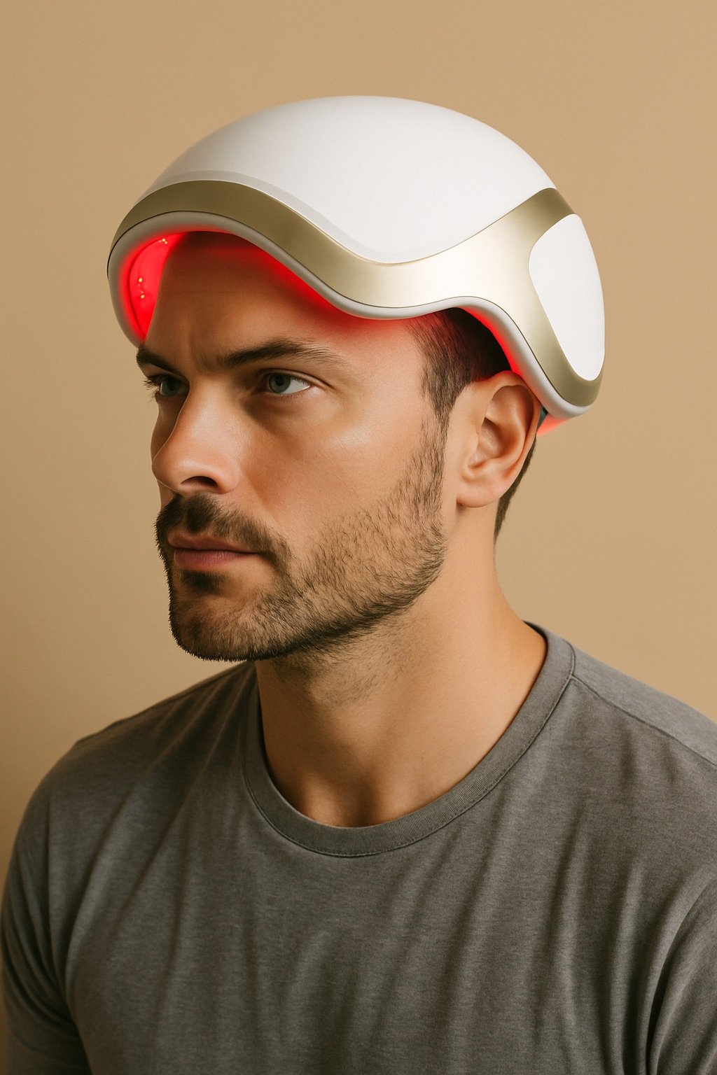 casqueled-test Un homme porte un casque led pour lutter contre la chute de cheveux
