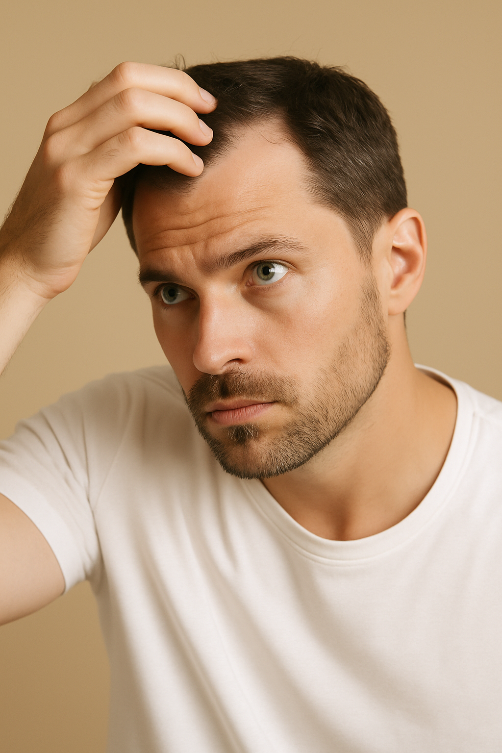 Un homme constate un début de chute de cheveux, mais ce n'est pas une fatalité, MenReVibe vous aide a trouver des solutions
